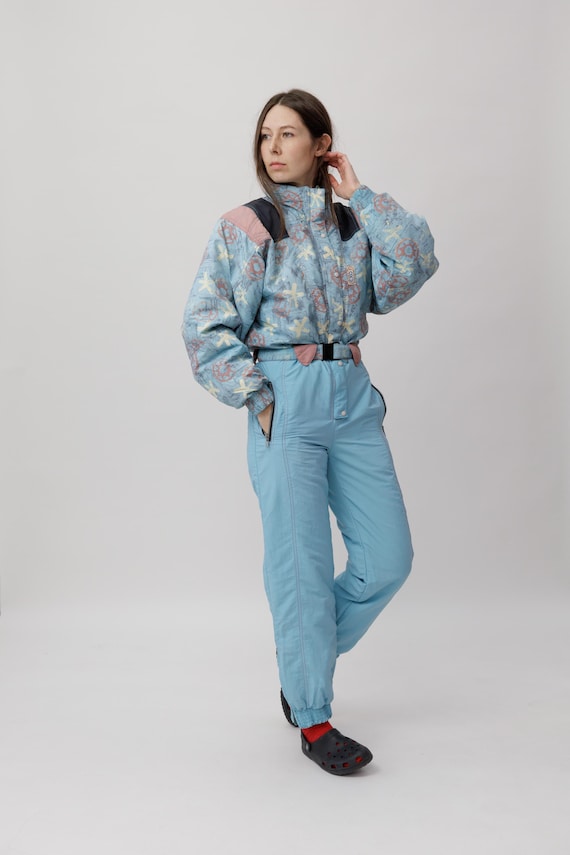 Vintage Light Blue Abstract Print Ski Suit Belted Size M