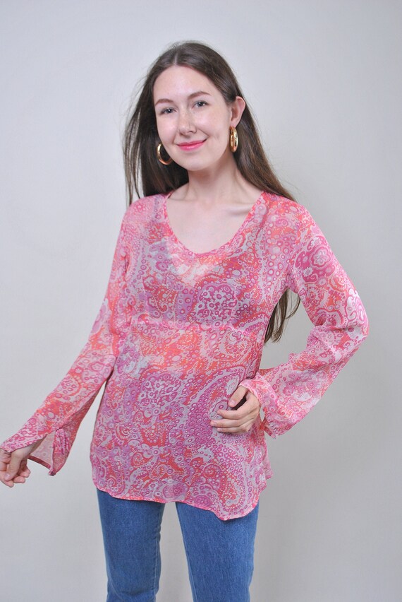 Pink Psychedelic Paisley Sheer Bell Cuff Long Sleeve Top Size M