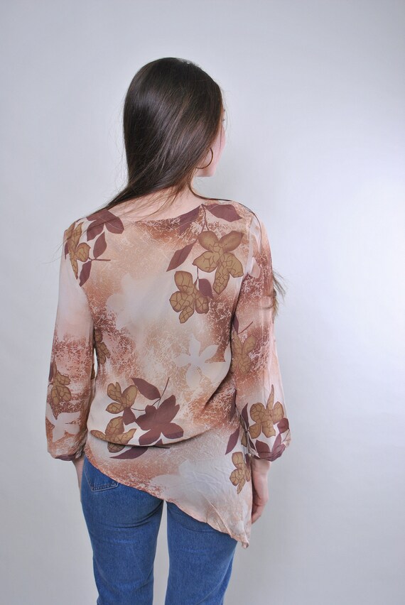 90s floral print top, vintage cute brown blouse w… - image 2