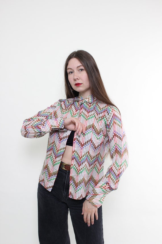 70s Chevron Zigzag Print Blouse Vintage Long Sleeve Pointed Collar Multicolor Retro Size M