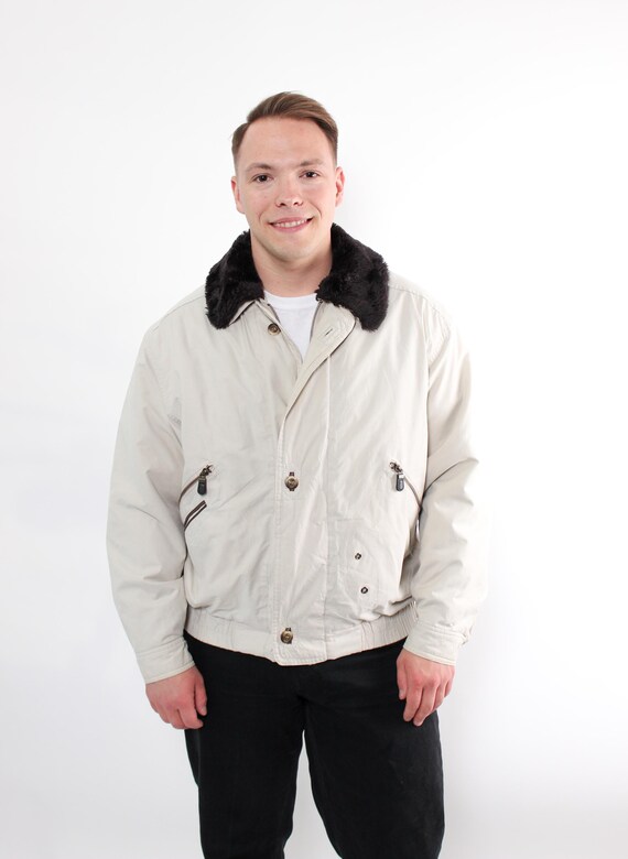 90s Beige Aviator Bomber Vintage Faux Fur Collar Zip Pocket Flight Jacket Size L