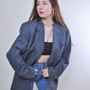 Oversized wool blazer, Vintage 90s oversize suit jacket, blue casual blazer, Size L