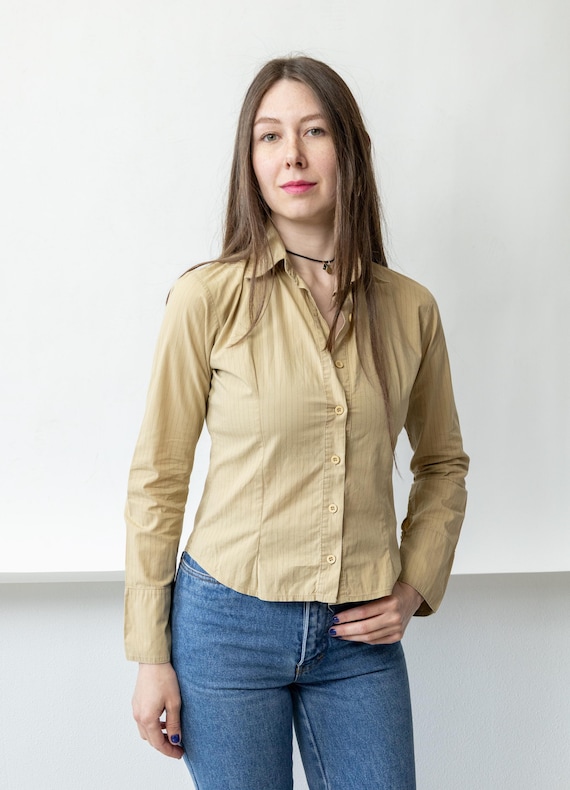 Tan Pinstripe Fitted Stretch Shirt Long Sleeve Cropped Button Up Y2K Office Size S