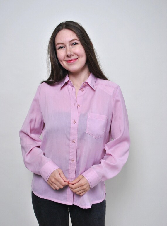 Pink Wool Blend Shirt with White Contrast Stitching, 90s Minimalist Button Up Blouse, L