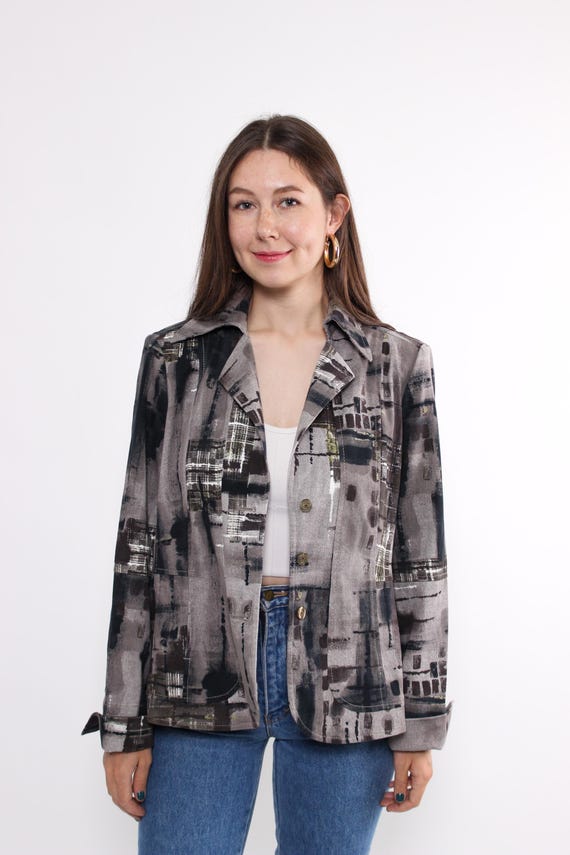 90s abstract print button front blazer, vintage lightweight cotton jacket with collar, Size M