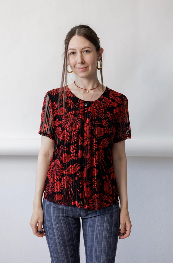 Y2k Red Black Floral Mesh Top Sheer Pleated Gothic Boho Blouse Size XS S