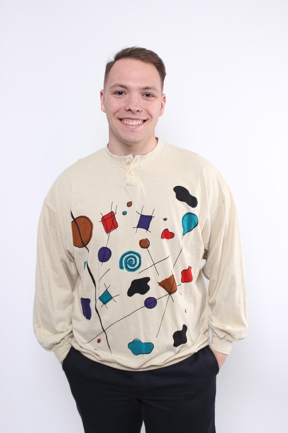 Vintage abstract print sweatshirt, 90s henley funky multicolor art sweatshirt, Size M