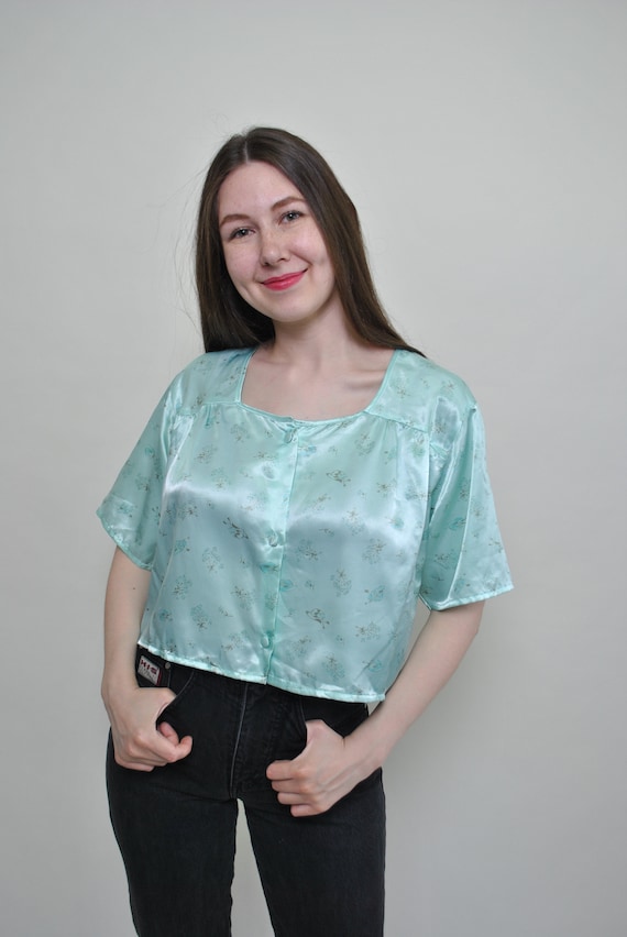Y2K Green Floral Crop Blouse Vintage Satin Square Neck Button Up Top Size M