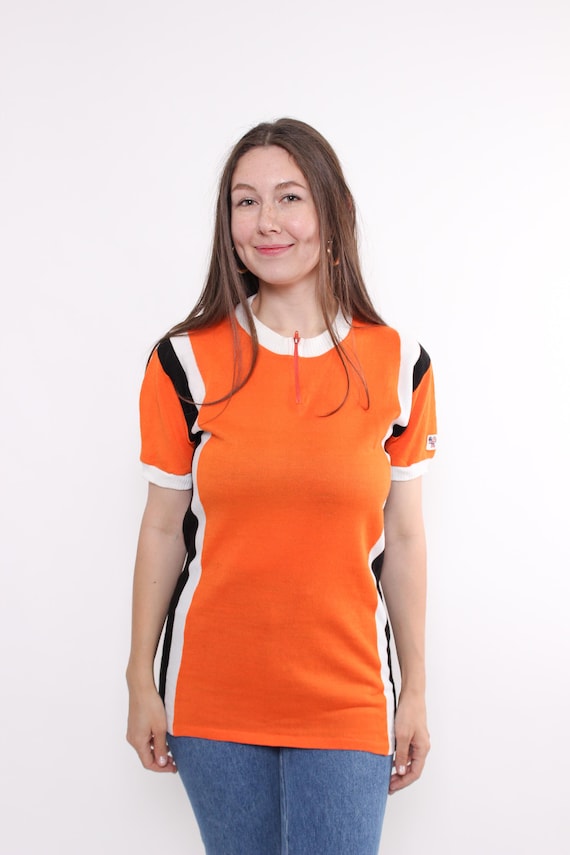 80s knit cycling jersey,  orange color quarter zip biking jersey, Size M/L