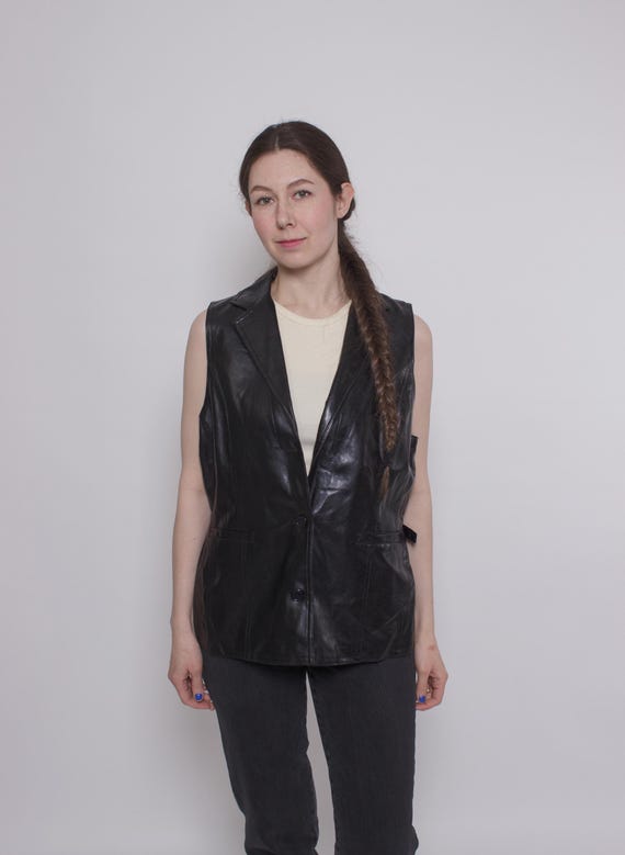 Vintage Faux Leather Vest Black Minimalist Waistcoat 90s Women Size XL
