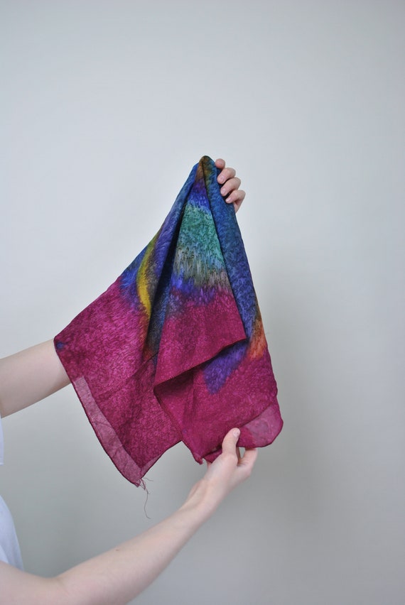 90s multicolor hair scarf, vintage abstract art print retro shawl in purple