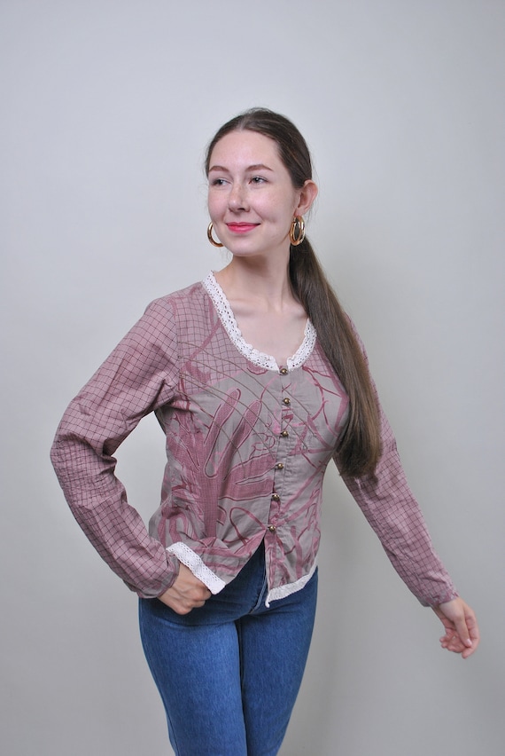 90s Vintage Abstract Print Blouse with Lace Collar, Size M