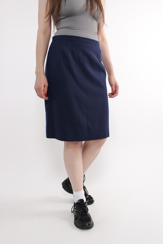 90s Navy Pinstripe Wool Pencil Skirt Vintage High Waist Straight Skirt Size L