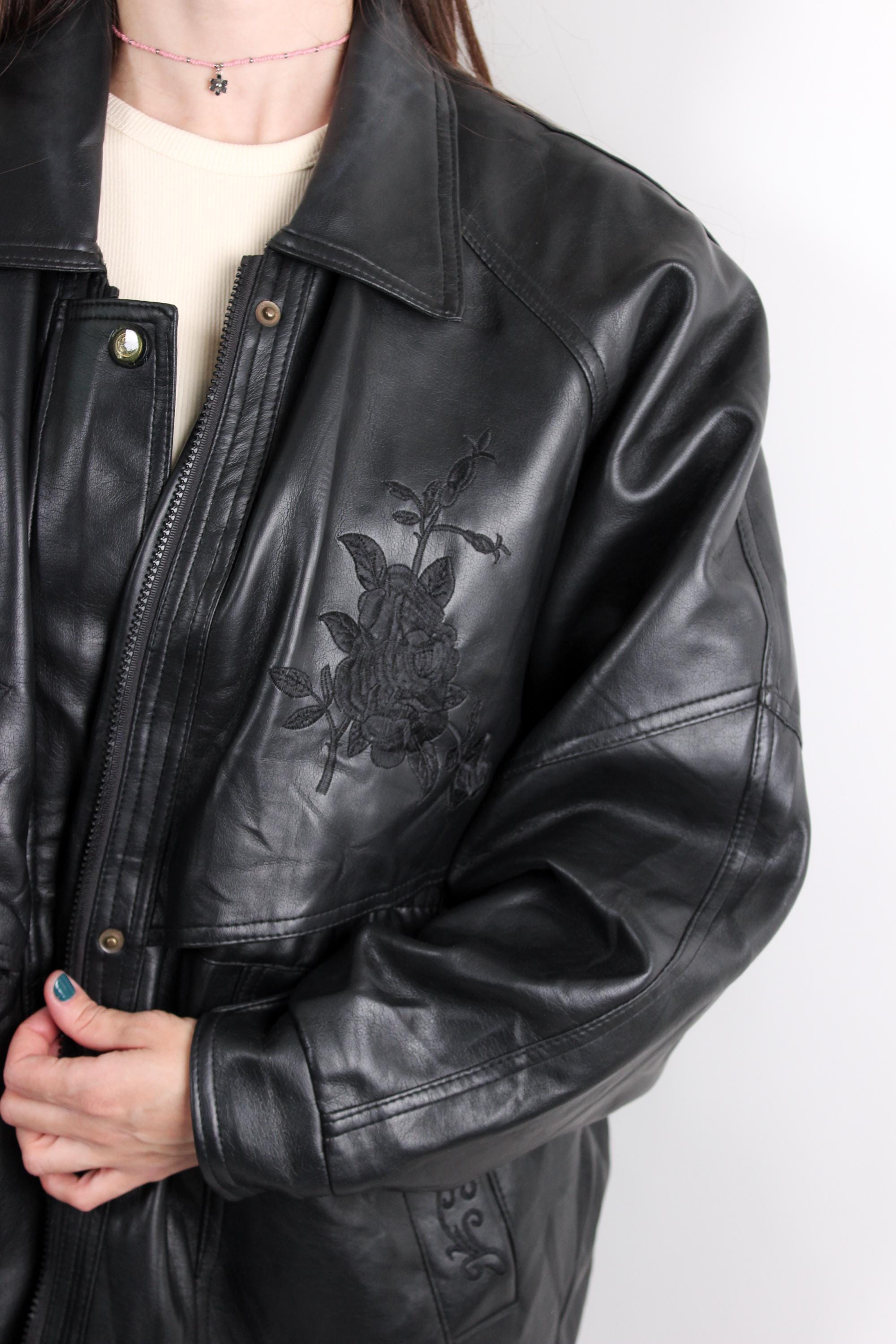 90s Black Leather Jacket , Vintage Women's Oversized Long Coat