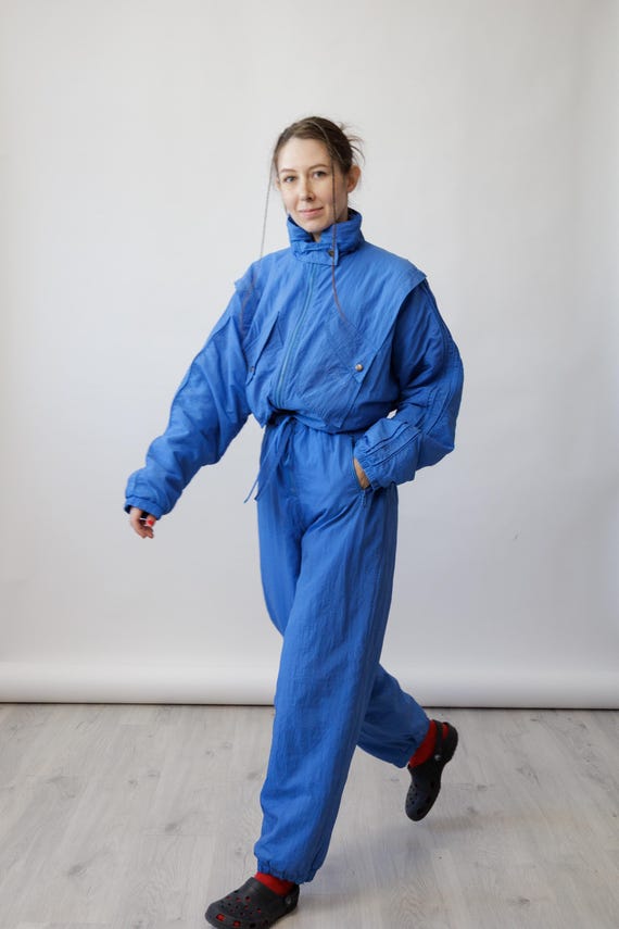80s Royal Blue Crinkle Nylon Vintage Ski Suit Flap Pocket One Piece Snowsuit Size M