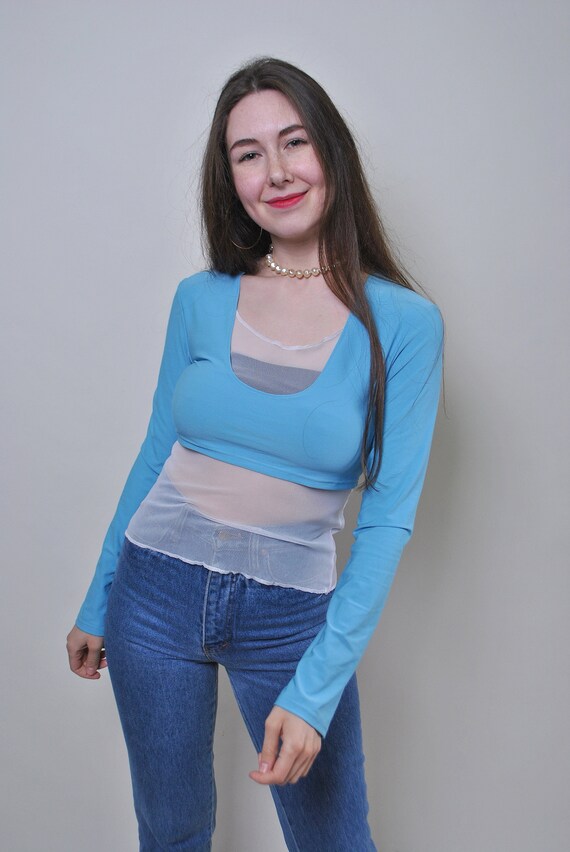 Blue Mesh Layered Top Long Sleeve Sheer Y2K Scoop Neck Stretch Crop Blouse Medium
