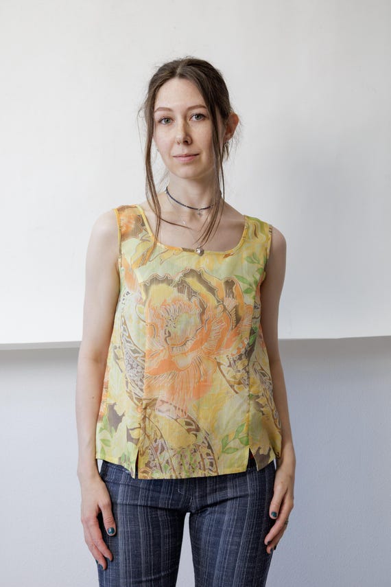 90s Yellow Orange Floral Print Tank Top Square Neck Sheer Summer Shell Blouse M