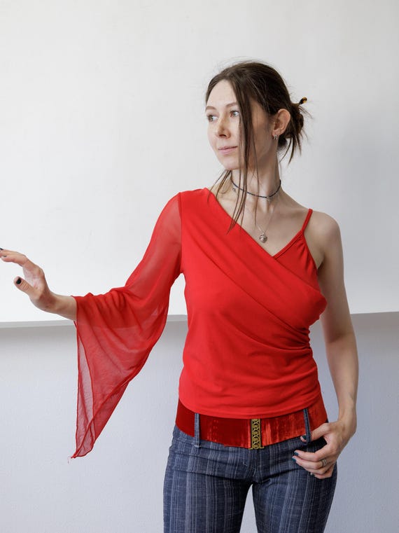 Y2K Cherry Red Asymmetric Top One Shoulder Sheer Wrap Going Out Top M