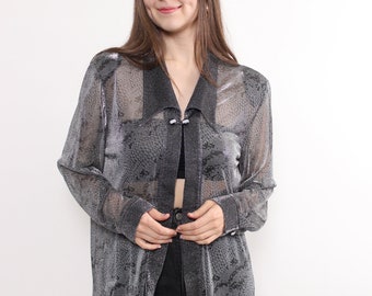 90s sheer snake blouse, vintage shiny grey transparent long blouse, Size L