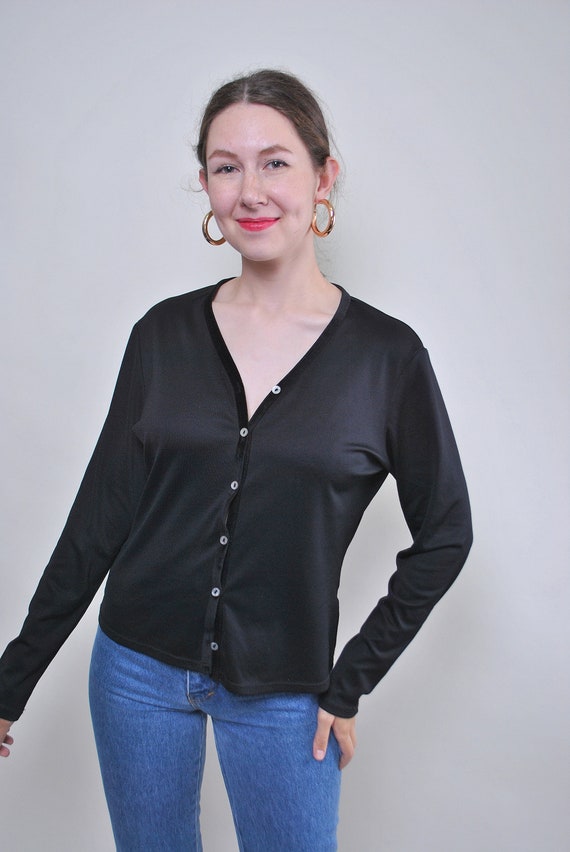 Vintage minimalist v-neck blouse in black, 90s formal style crop tiny blouse, Size M