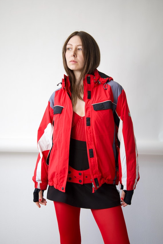 90s Red Colorblock Ski Jacket Hooded Puffer Size M