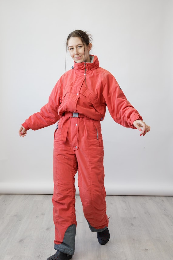 Coral Red Belted Vintage Ski Suit Jumpsuit with Hood Grey Kick Patches Size L