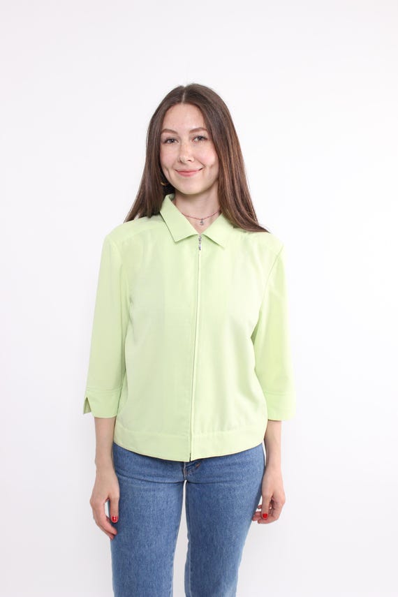 90s minimalist zip up blouse, vintage crop zipped blouse in green, Size M