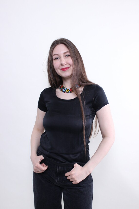 Black Fitted Athletic Top, Vintage 90s Stretchy Scoop Neck Tee, Size S