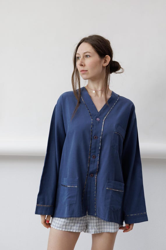 90s Folk Ribbon Trim Slate Blue Collarless Cotton Vintage Overshirt Pajama Jacket Size M