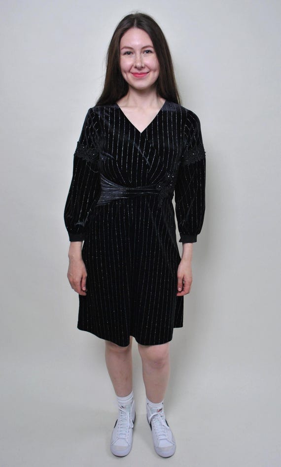 90s  Velvet Striped Midi Dress V-Neck Lace Detail Grunge Party Dress Black Size M