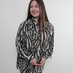 80s abstract print button front blouse, vintage plus size puff sleeve blouse, Size XL