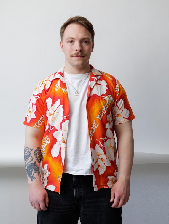 Orange Hibiscus Hawaiian Shirt 90s Camp Collar Short Sleeve Tropical Mens M
