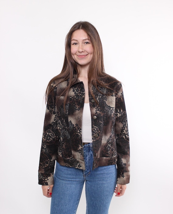 Y2K Brown Metallic Lace Print Jacket Vintage Gold Floral Cropped Trucker Style Size M