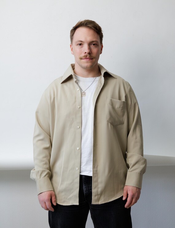 Beige Long Sleeve Shirt Mens 90s Oversized Italian Vintage Minimalist Size L
