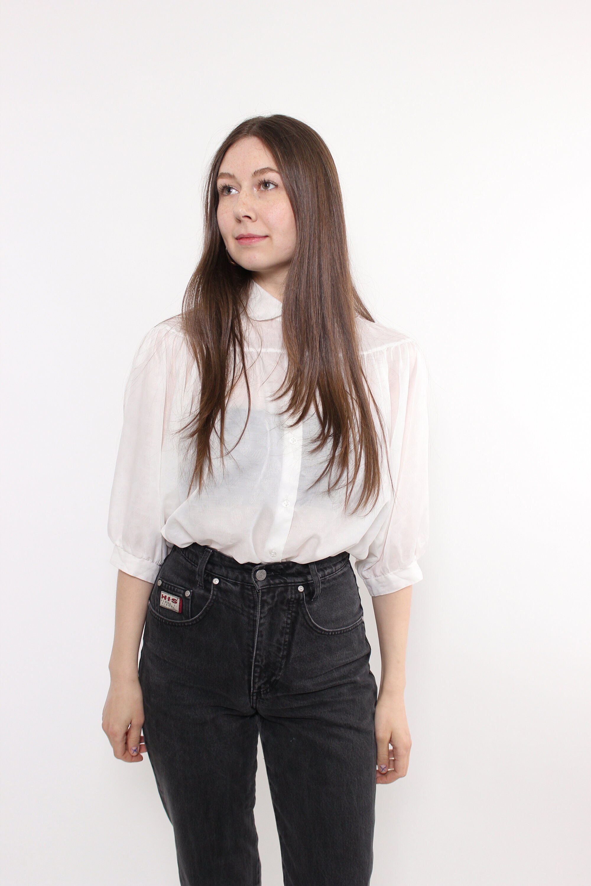 80s White Sheer Blouse, Vintage Cute Transparent Button up