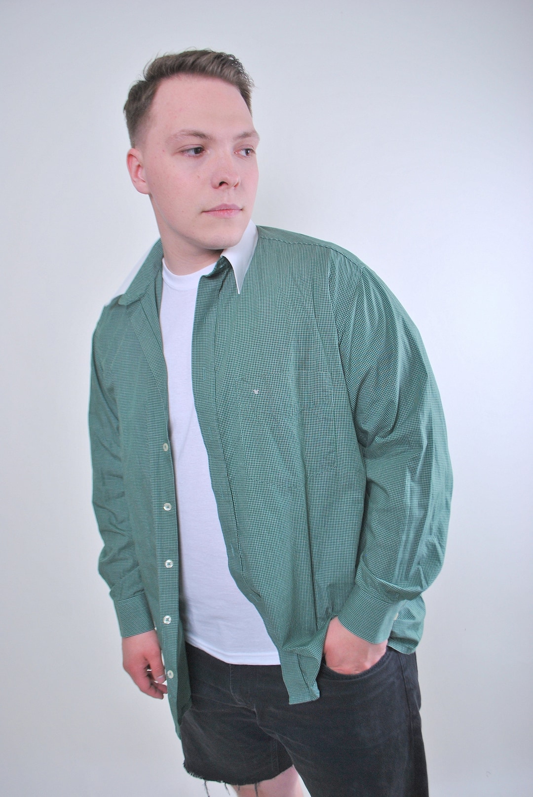 90s Plaid Green Button Up, Vintage Men Oversized Shirt With Long Sleeve — free download