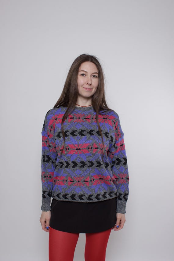 90s Geometric Knit Sweater Vintage Grey Purple Aztec Pattern Jumper Size M