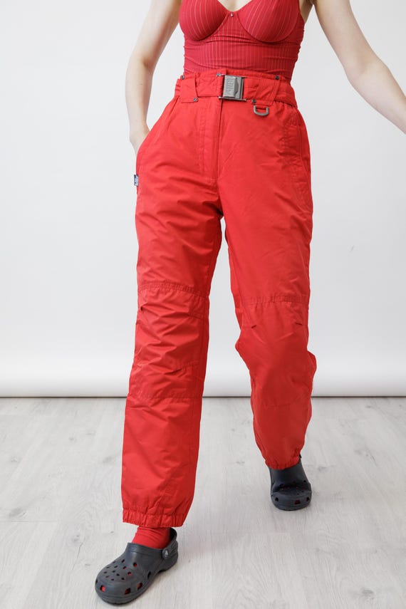 90s Killy Cherry Red Vintage Ski Pants Logo Plate Buckle Belt High Waist Snow Trousers Size S