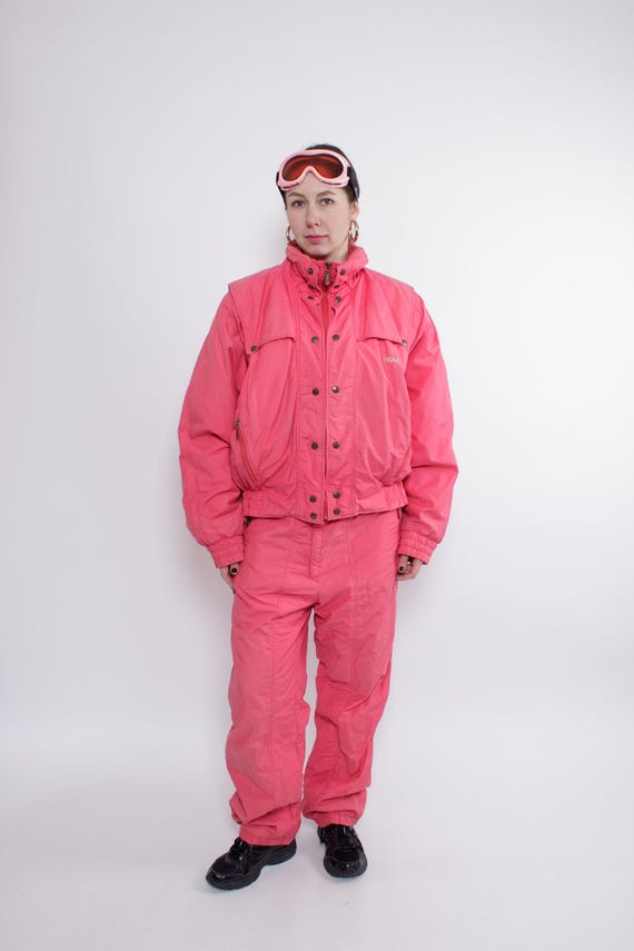 Vintage 90s Pink Ski Suit Women’s One Piece Snowsuit, Size L