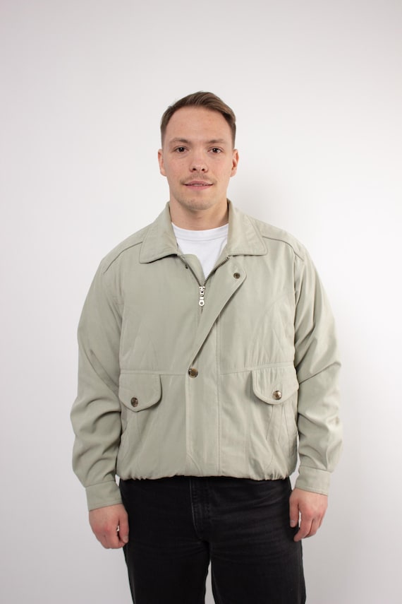 90s Sage Grey Bomber Jacket Vintage Brushed Twill Flap Pocket Zip Blouson Size XL