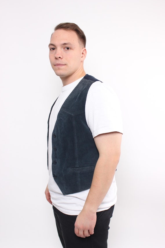 90s leather vest in blue color, vintage heritage button front western vest, Size L