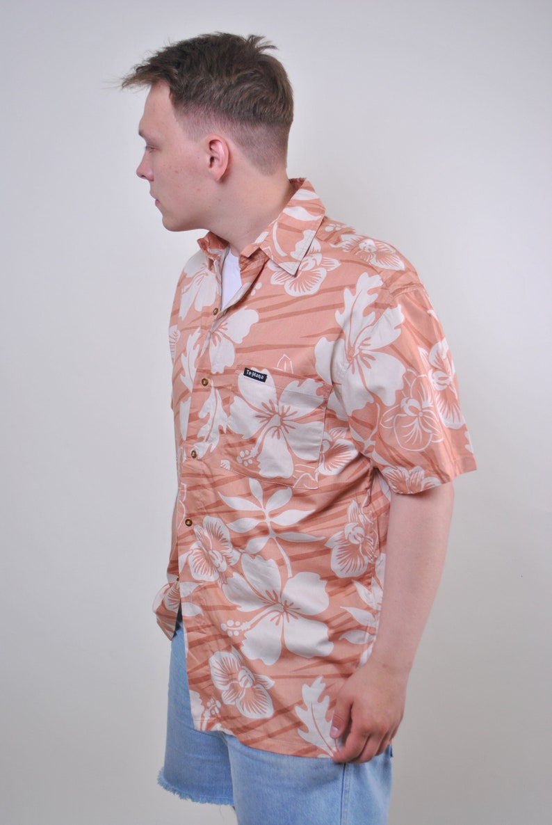 Floral shirt summer outfit hawaii print short sleeve flowers patterm orange white sea blouse boho top Size L button down