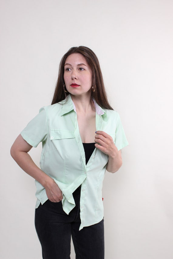 90s Mint Green Fitted Blouse Vintage Micro Check Floral Collar Short Sleeve Size M