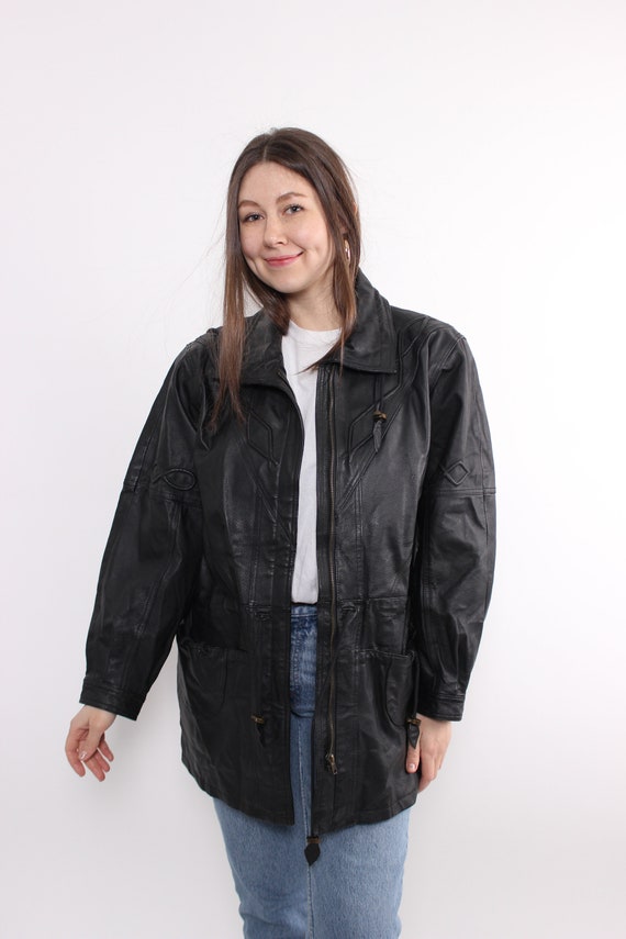 90s leather western jacket, vintage black leather… - image 3