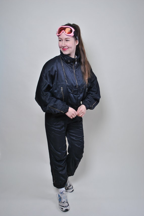Vintage 90s One Piece Ski Suit, Retro Womens Black Snowsuit, Size M