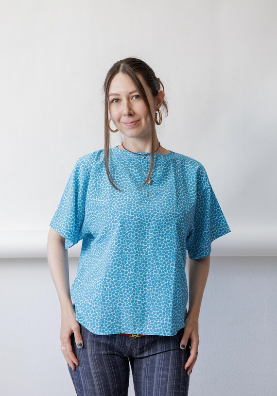 90s Blue Abstract Print Top Vintage Boxy Short Sleeve Relaxed Shirt Size L