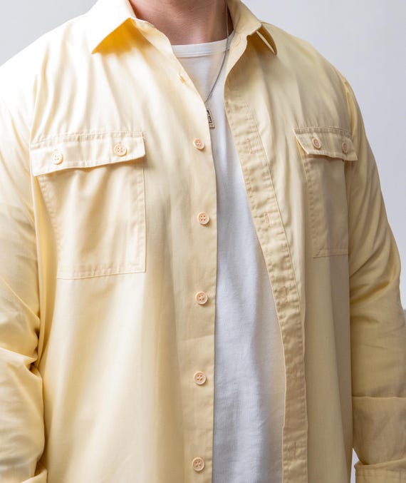 90s Butter Yellow Utility Shirt Vintage Long Sleeve Boxy Twin Pocket Size M