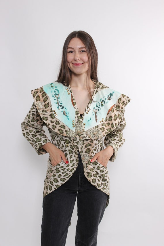 80s leopard print jacket with dramatic painted collar, studded avant garde blazer, size Medium