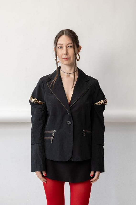 90s Black Leopard Trim Zip Blazer Vintage Deconstructed Convertible Sleeve Techwear Jacket Size L
