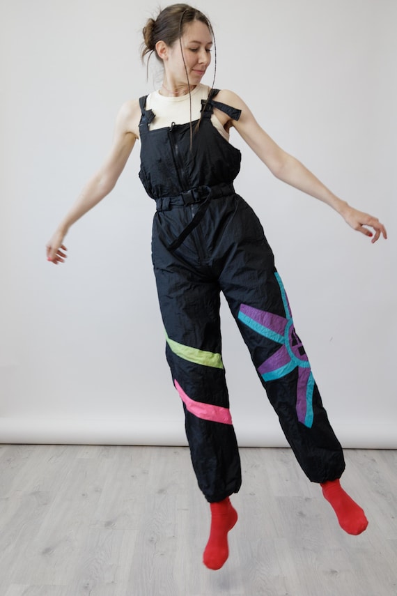 80s Black Neon Starburst Vintage Ski Bib Pants Crinkle Nylon Salopettes Overalls Size S